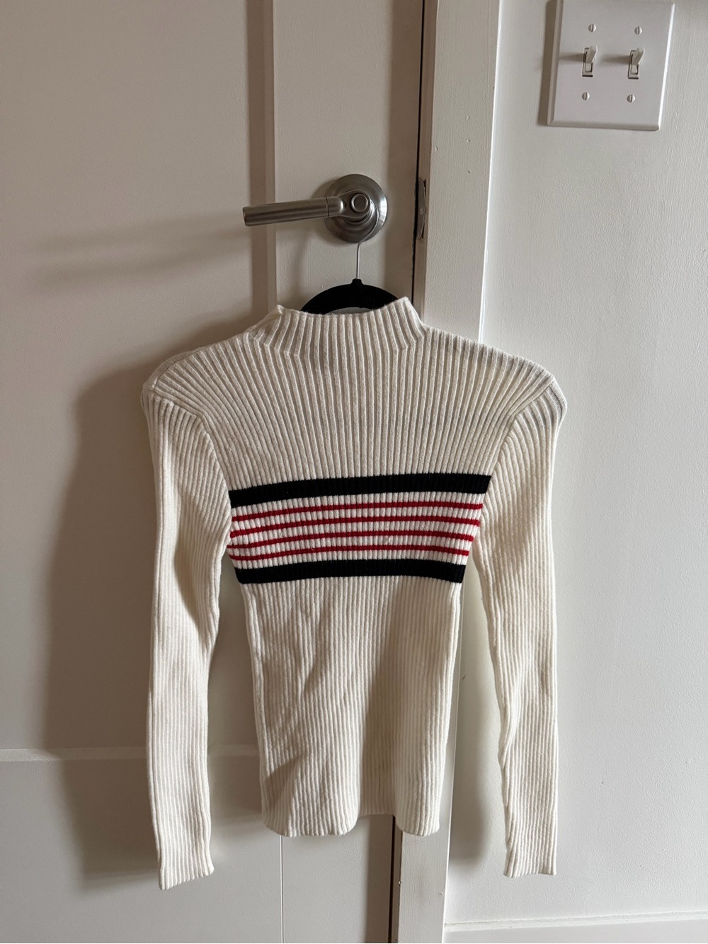 Women’s Cream Ribbed Mock Neck Sweater with Black and Red Stripes